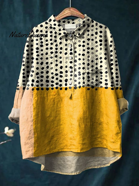 Women's Yellow Color-blocked Dots Print Casual Cotton And Linen Shirt