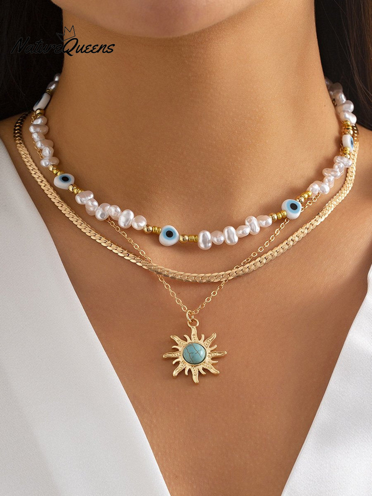 Vintage Ethnic Style Eye And Sun Turquoise Pendant Necklace