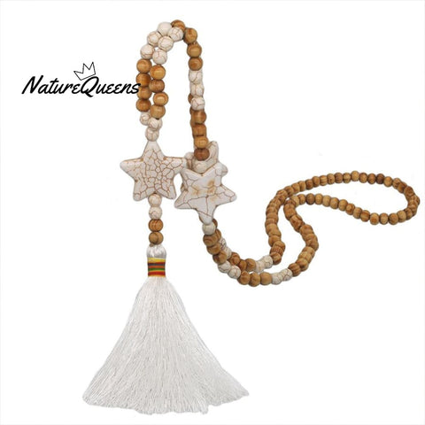 Retro Boho Star Beaded Tassel Pendant Necklace White / Onesize