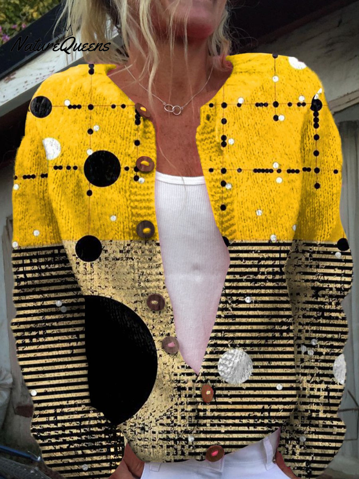 Abstract Yellow Polka Dot Print Buttoned Cardigan Sweater