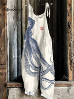 Women'sOctopus ArtPrint Casual 100% Cotton Wide Leg Jumpsuit