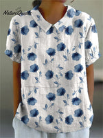 Women’s Small Blue Ink Flowers Print Casual Cotton And Linen Shirt Multicolor / S