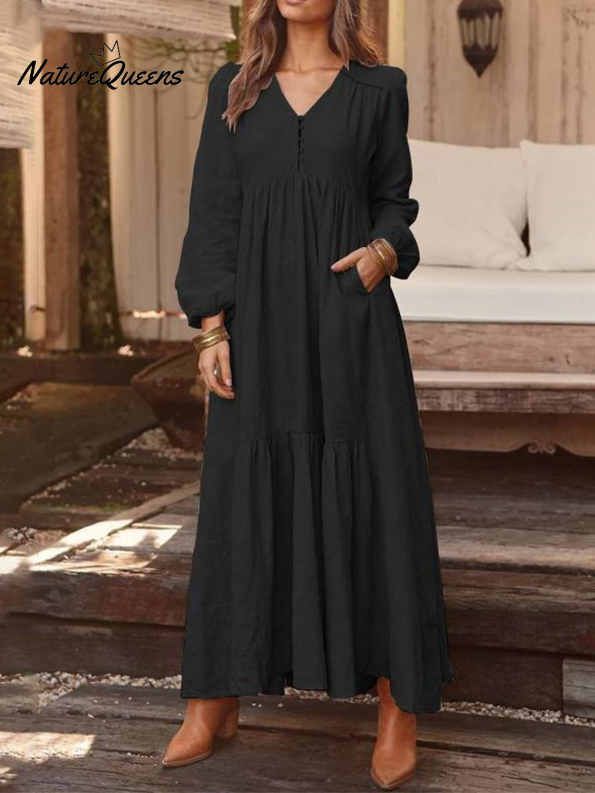 Cotton And Linen Retro Casual Long - Sleeved Dress Black / S