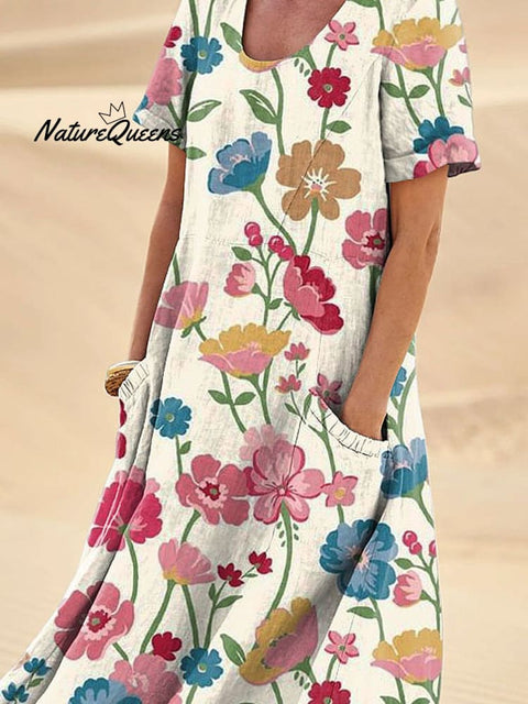 Women’s Elegant Flowers Art Print Casual Linen Pocket Dress