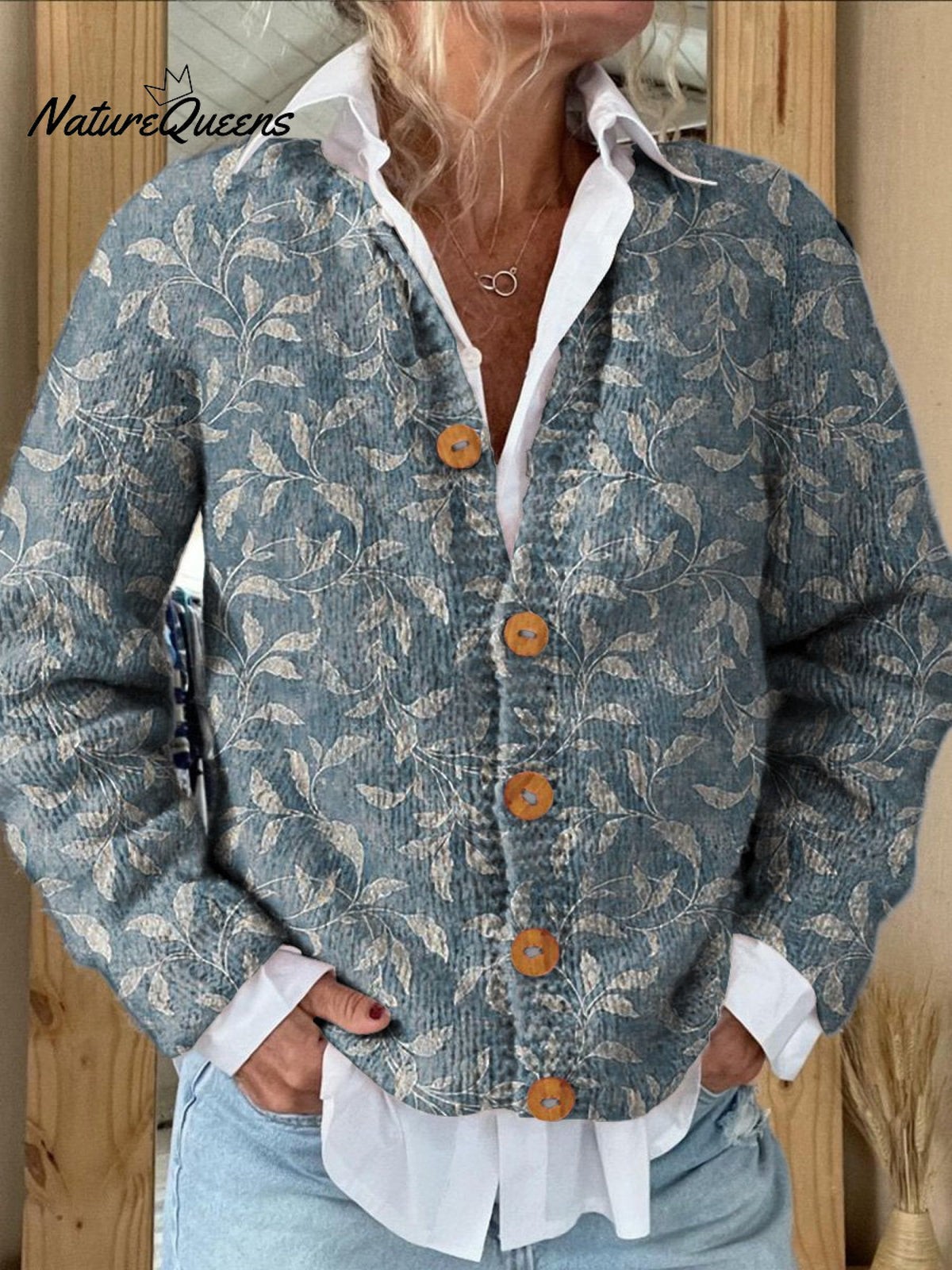 Spring Vines Pattern Printed Buttoned Cardigan Sweater