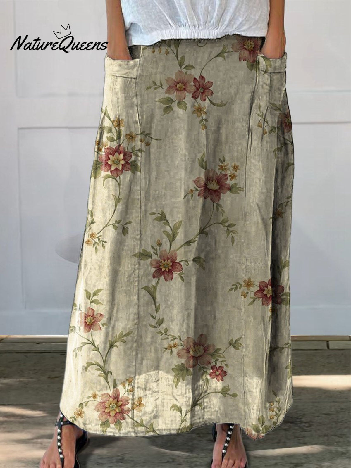 Women’s Retro Elegant Floral Art Linen Elastic Waistband Pocket Skirt