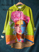 Oil Painting Freda Portrait Art Printed Women's Casual Cotton And Linen Shirt