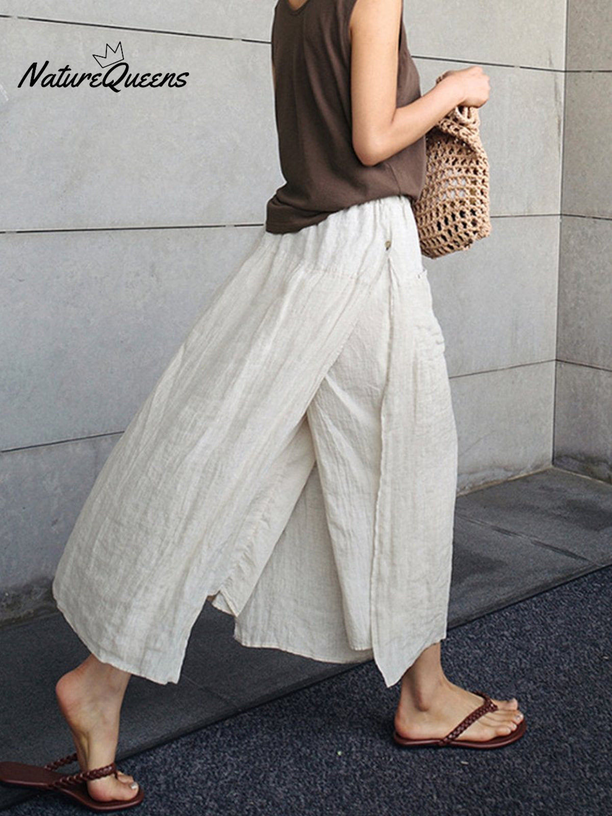 Women's Plain ColorCasual Nine-point Pants Fake Two-piece Cotton And Linen Wide-leg Pants Skirt