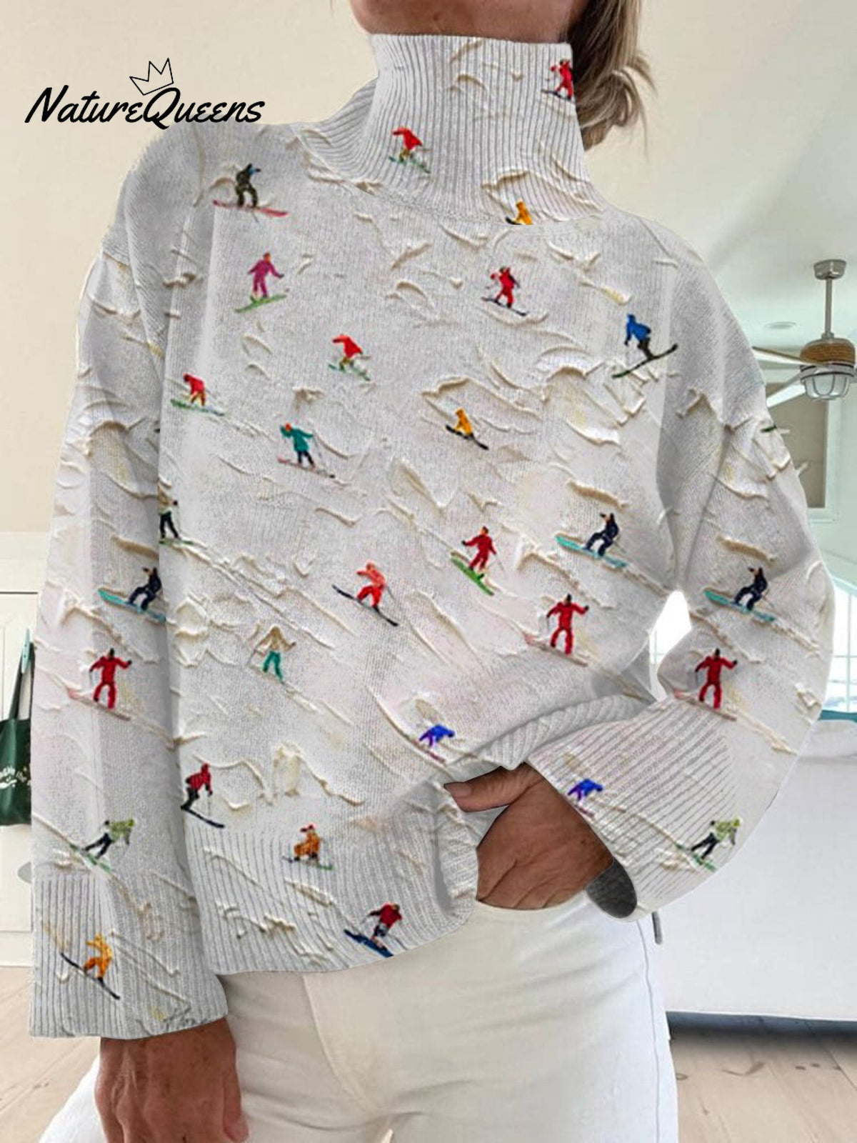 Retro Apres SkiArt Print Knit Turtleneck Pullover Sweater