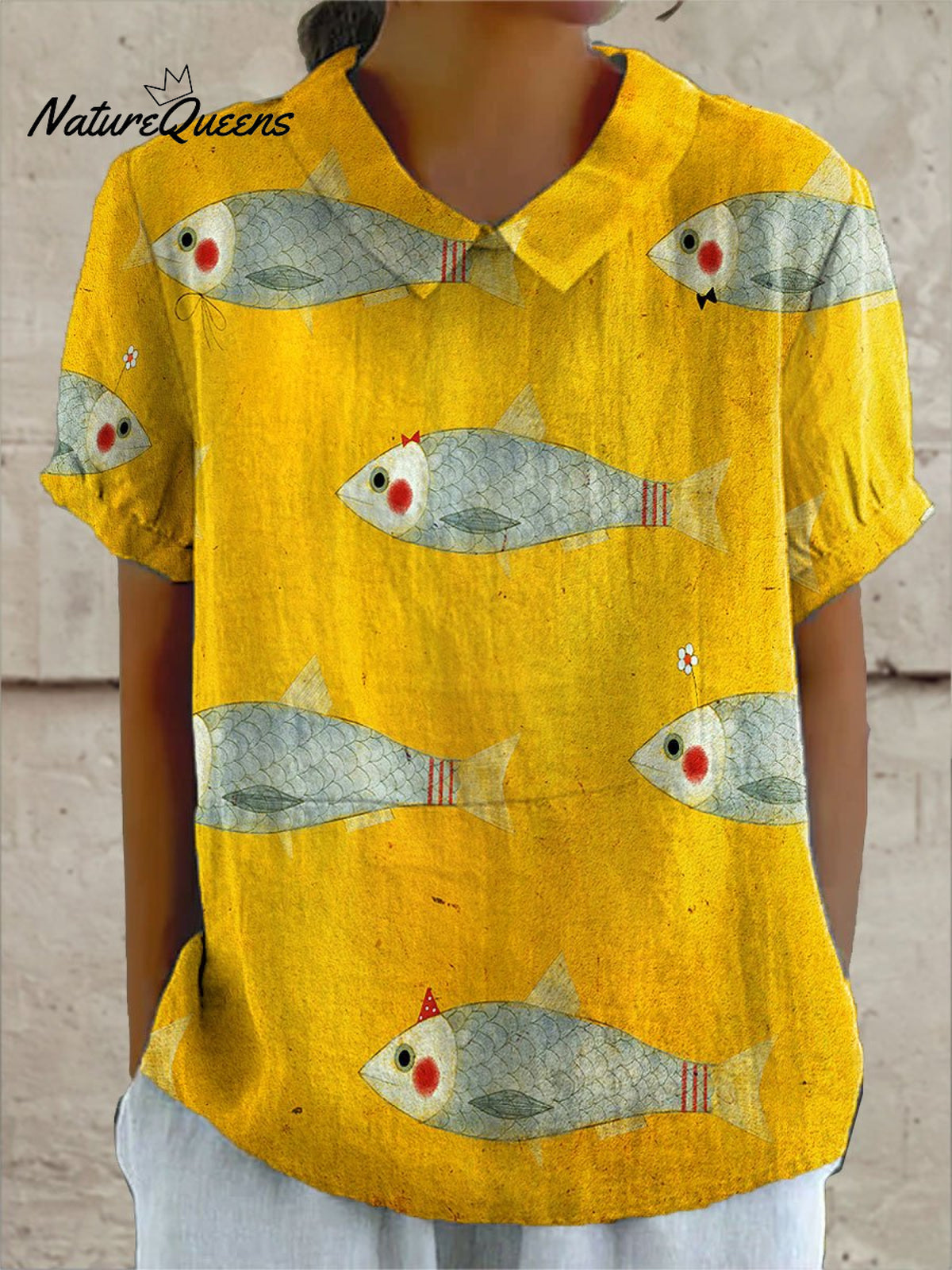 Women's Vintage Fish Art Print Casual Cotton And Linen Shirt