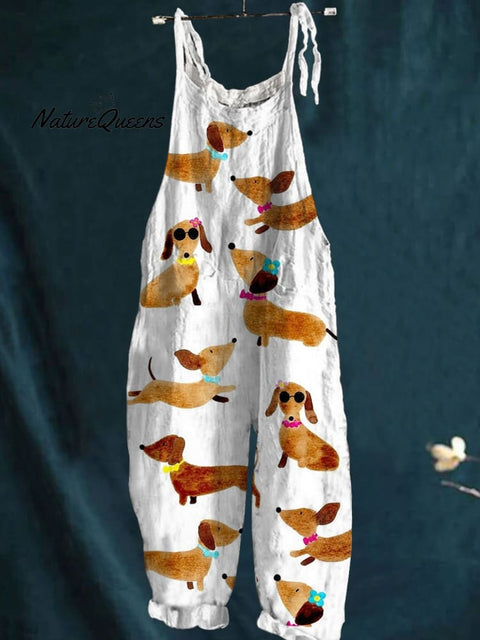 Women's Dachshund Dog Art Print Colorful Art Casual 100% Cotton Wide Leg Jumpsuit