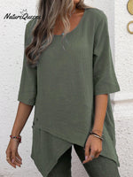 Cotton And Linen Crewneck Irregular Shirt Top Green / S