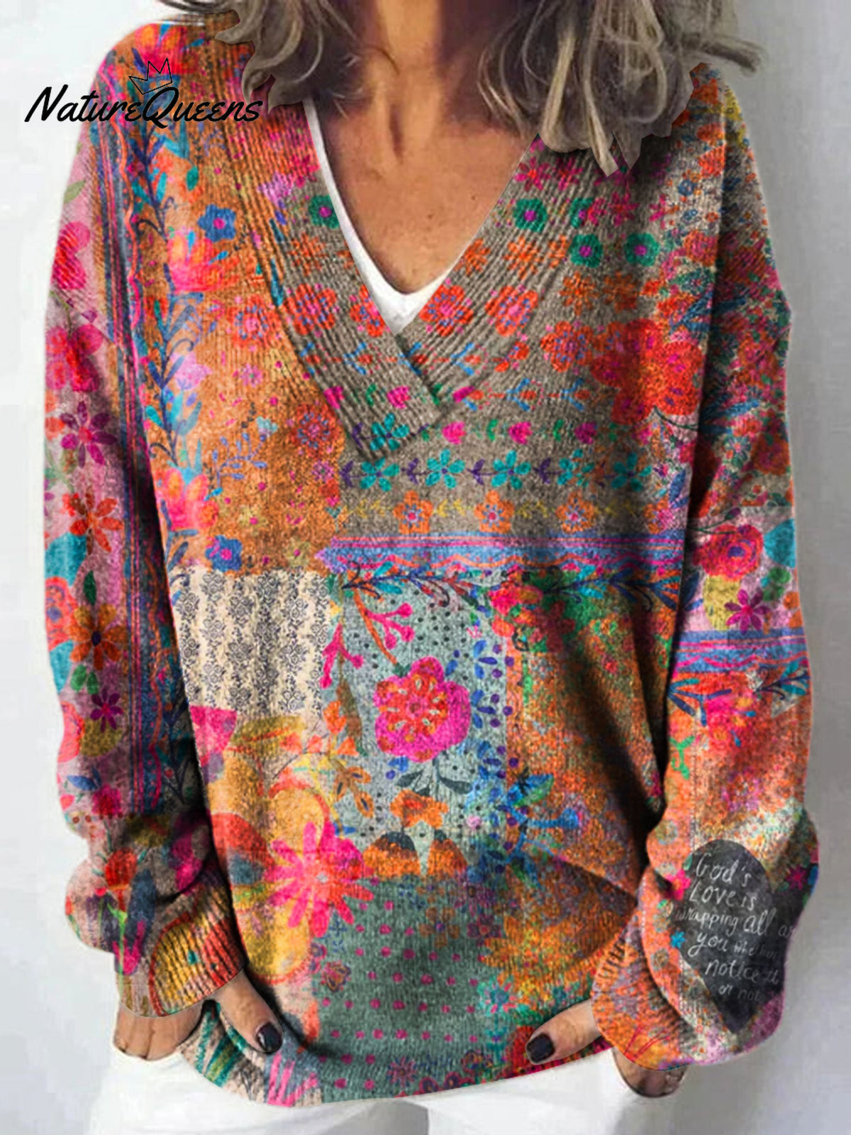 Vintage Art Print Knit V-neck Pullover Sweater
