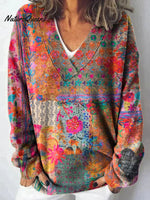 Vintage Art Print Knit V-neck Pullover Sweater