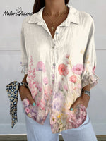 Women's Pink Floral Print On Hem Casual Linen V-neck Shirt