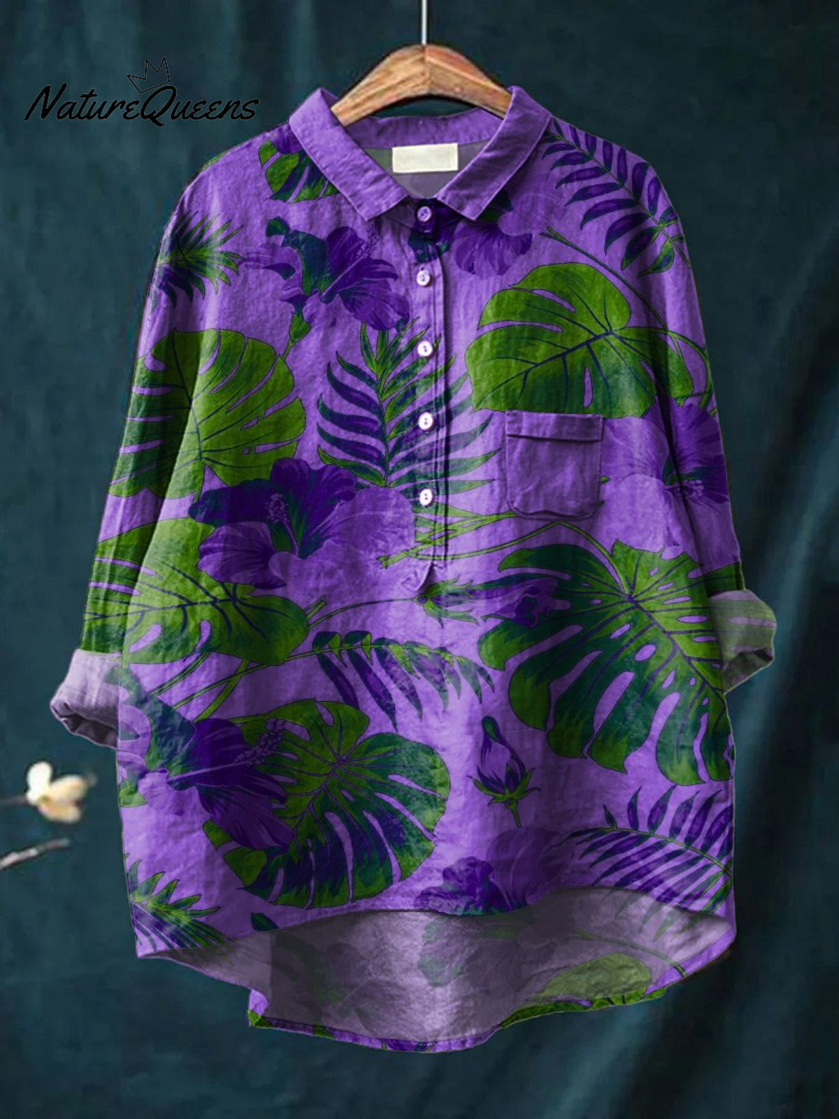 Decorative Pattern of Large Leaves On Purple Background Casual Cotton And Linen Shirt