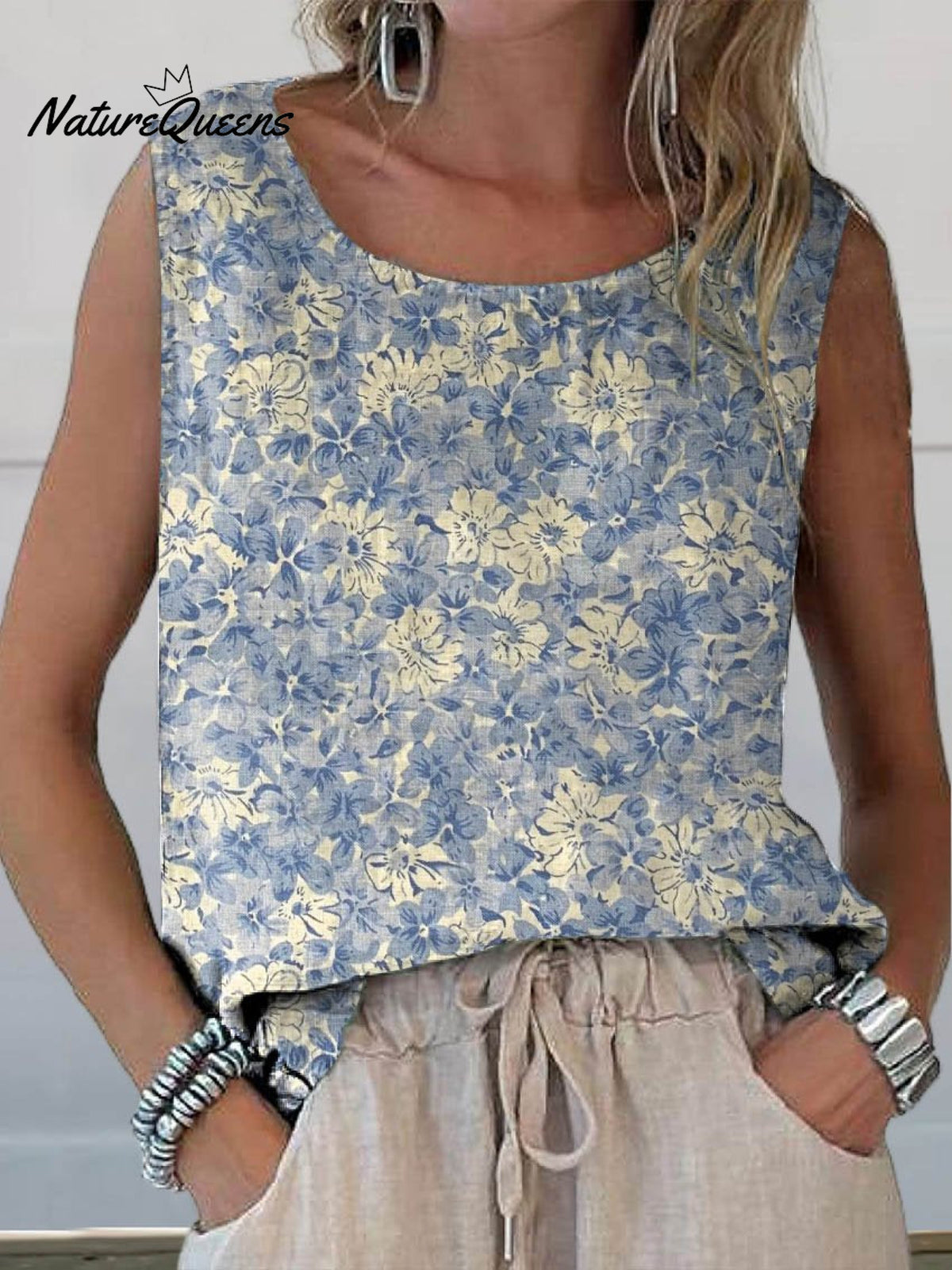 Women’s Retro Elegant Floral Art Print Casual Cotton And Linen Tank Top Multicolor / S