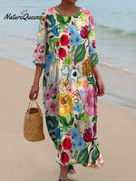 Women's Watercolor Floral Art Print Flowy Dress