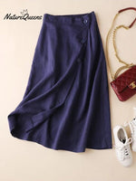Women’s Summer Cotton And Linen Mid-Length Skirt Navy Blue / M