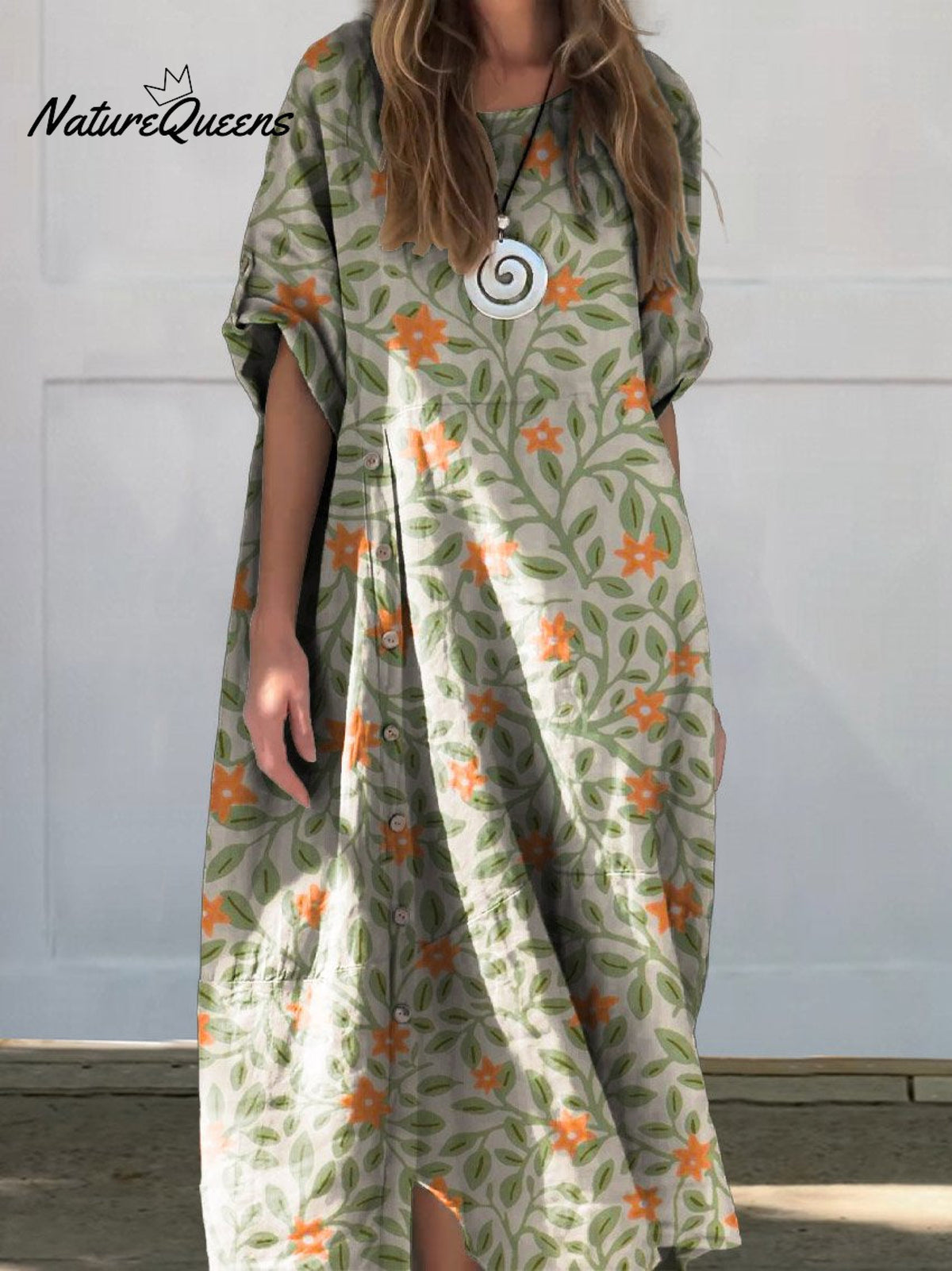 Women’s Lovely Floral Art Print Linen Cotton Buttons Dress Khaki / S