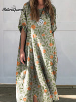 Women’s Lovely Floral Art Print Linen Cotton Buttons Dress Khaki / S