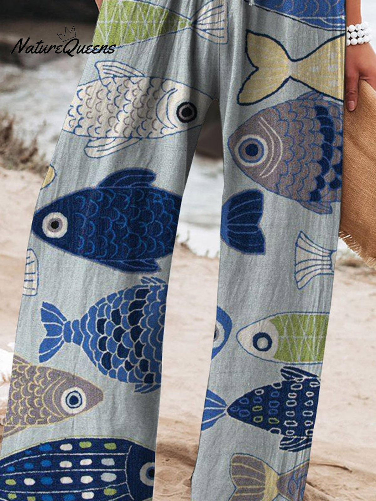 Women's Vintage Lovely Fish Art Printed Cotton And Linen Casual Pants