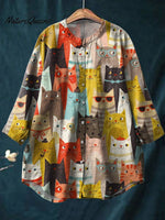 Vintage Lovely Cats Art Print Casual Cotton And Linen Shirt