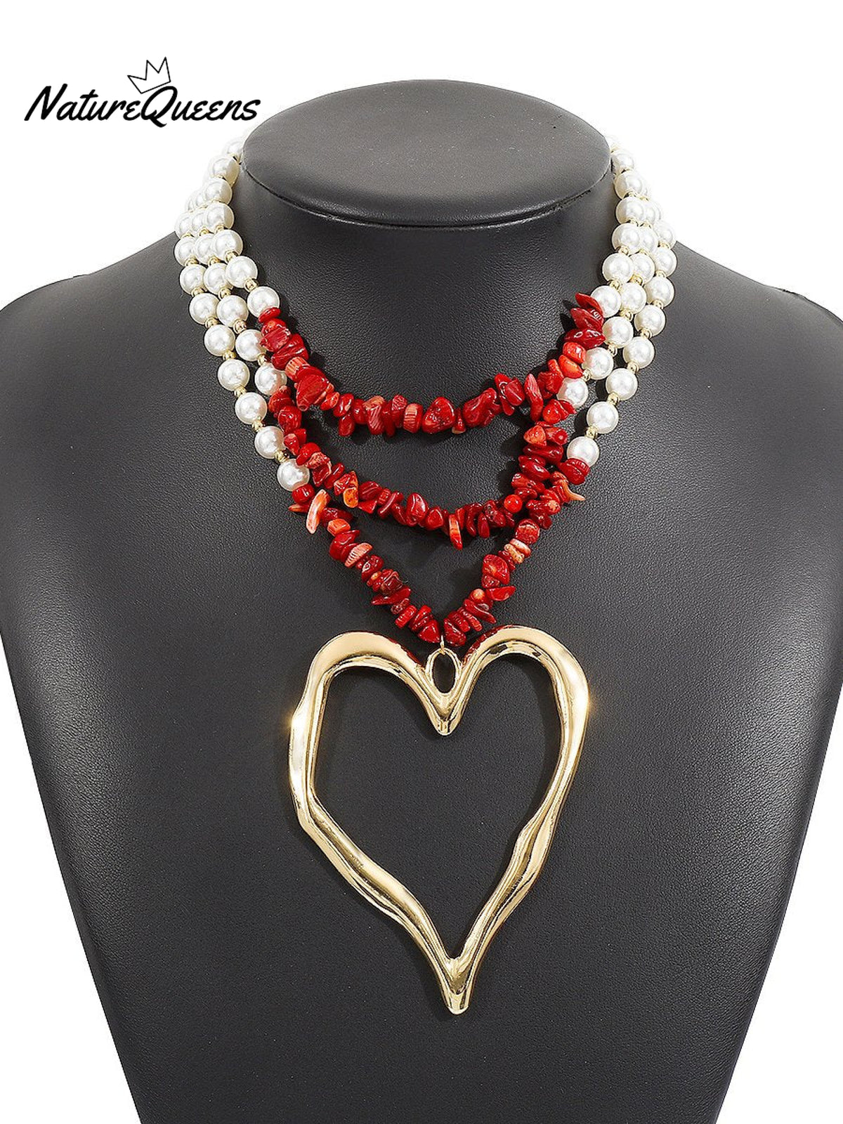 Bohemian Multi - Layered Large Heart Beaded Necklace Red1 / Onesize