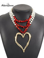 Bohemian Multi - Layered Large Heart Beaded Necklace Red1 / Onesize