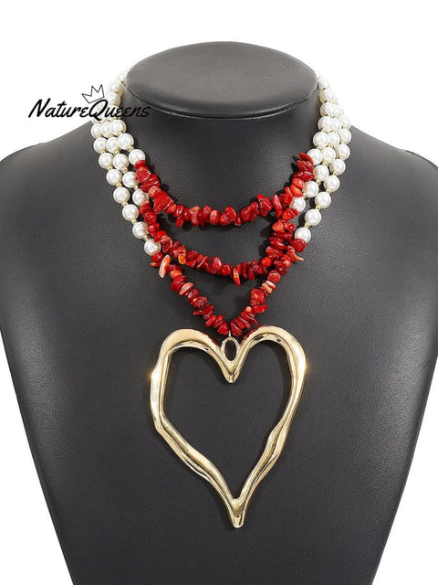 Bohemian Multi - Layered Large Heart Beaded Necklace Red1 / Onesize