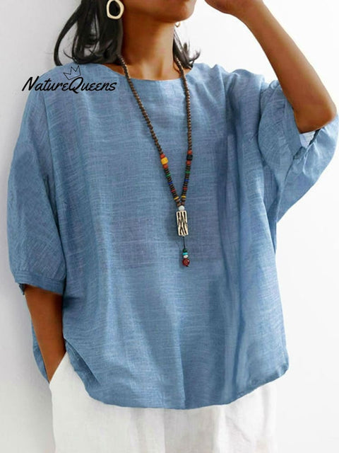 Women Solid Color Loose T-Shirt Blue / M
