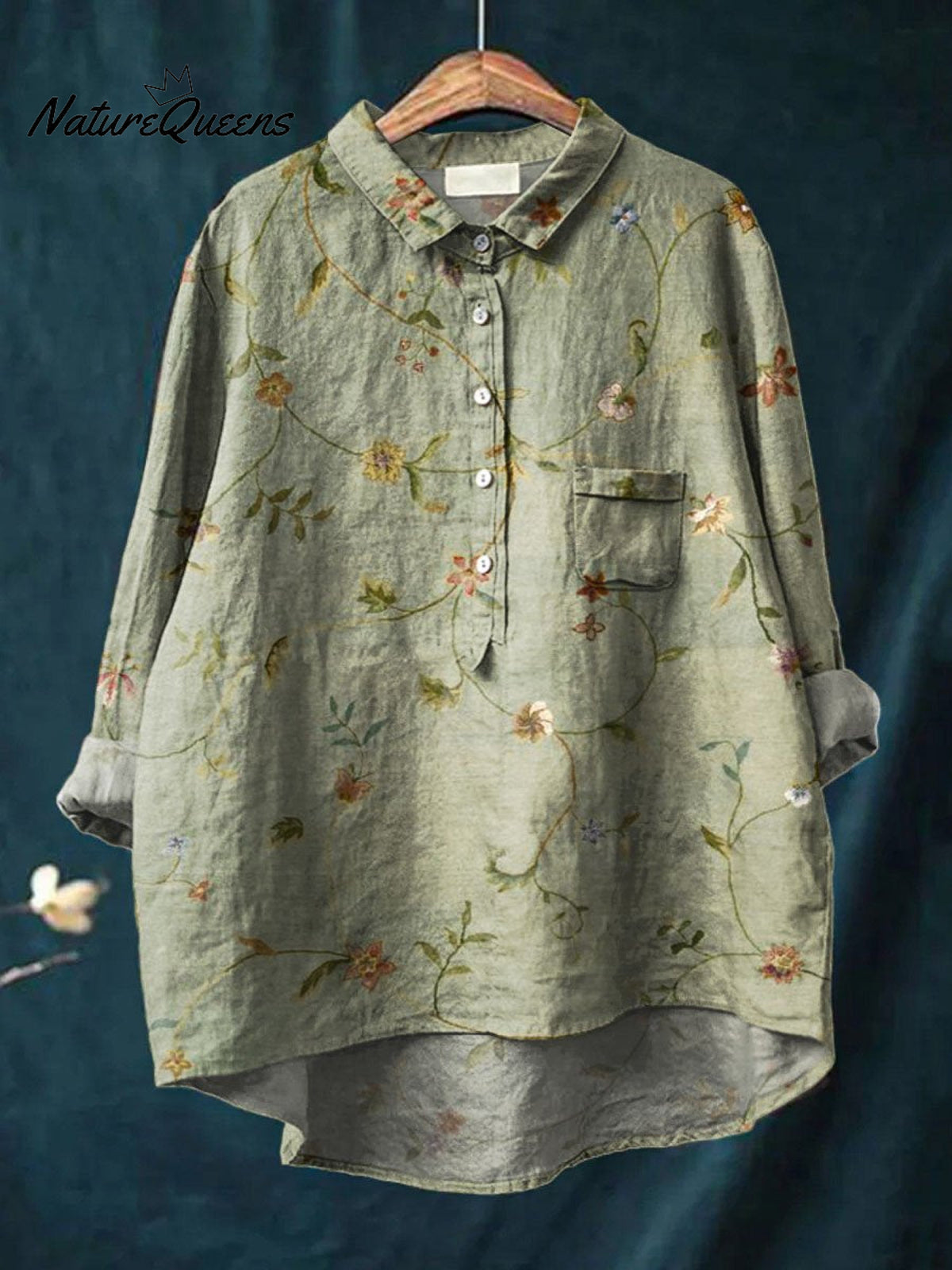 Women's Vintage Floral Art Print Casual Cotton And Linen Shirt