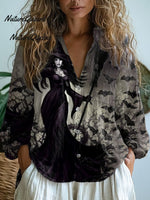 Women'sHalloween WitchArtPrint Casual Cotton Shirt