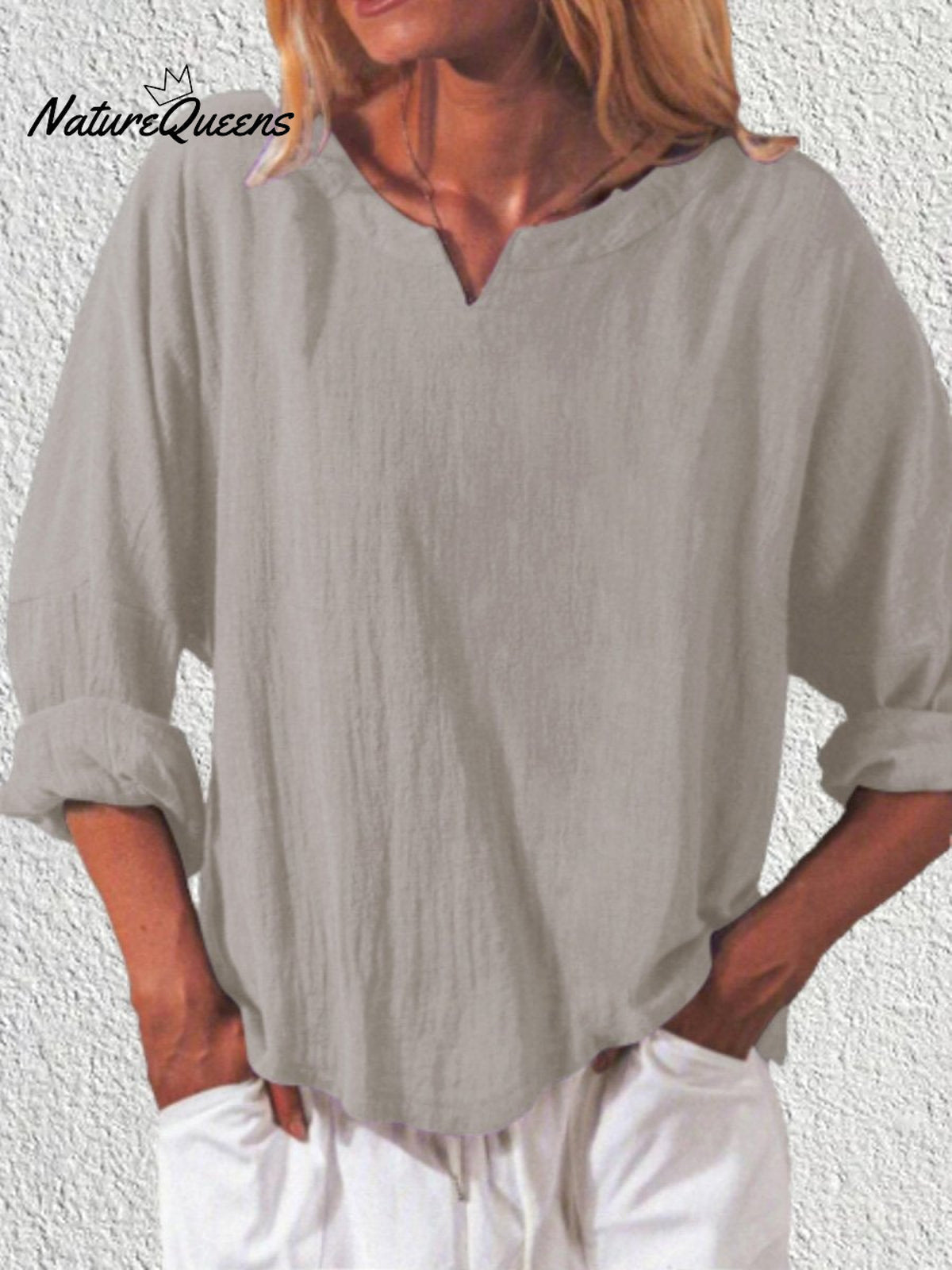 Women’s Casual Solid Colour Cotton And Linen Loose Long Sleeve V - Neck Shirt Grey / S