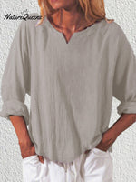 Women’s Casual Solid Colour Cotton And Linen Loose Long Sleeve V - Neck Shirt Grey / S