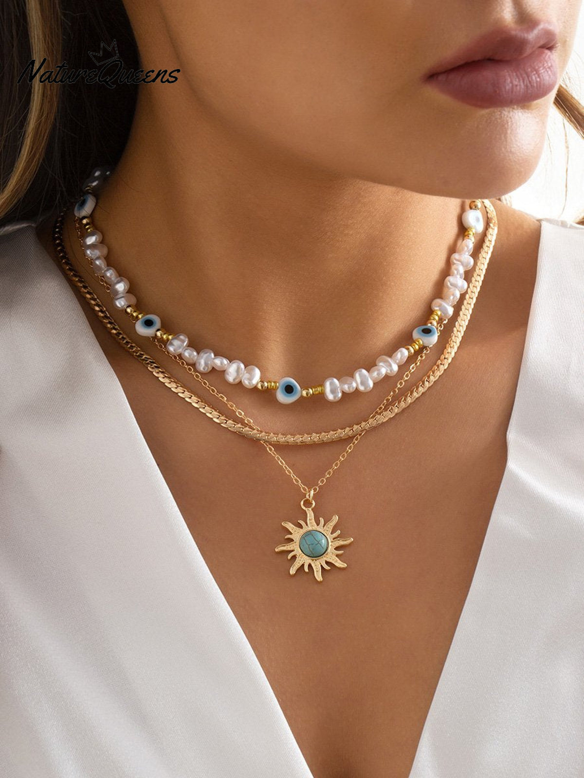 Vintage Ethnic Style Eye And Sun Turquoise Pendant Necklace