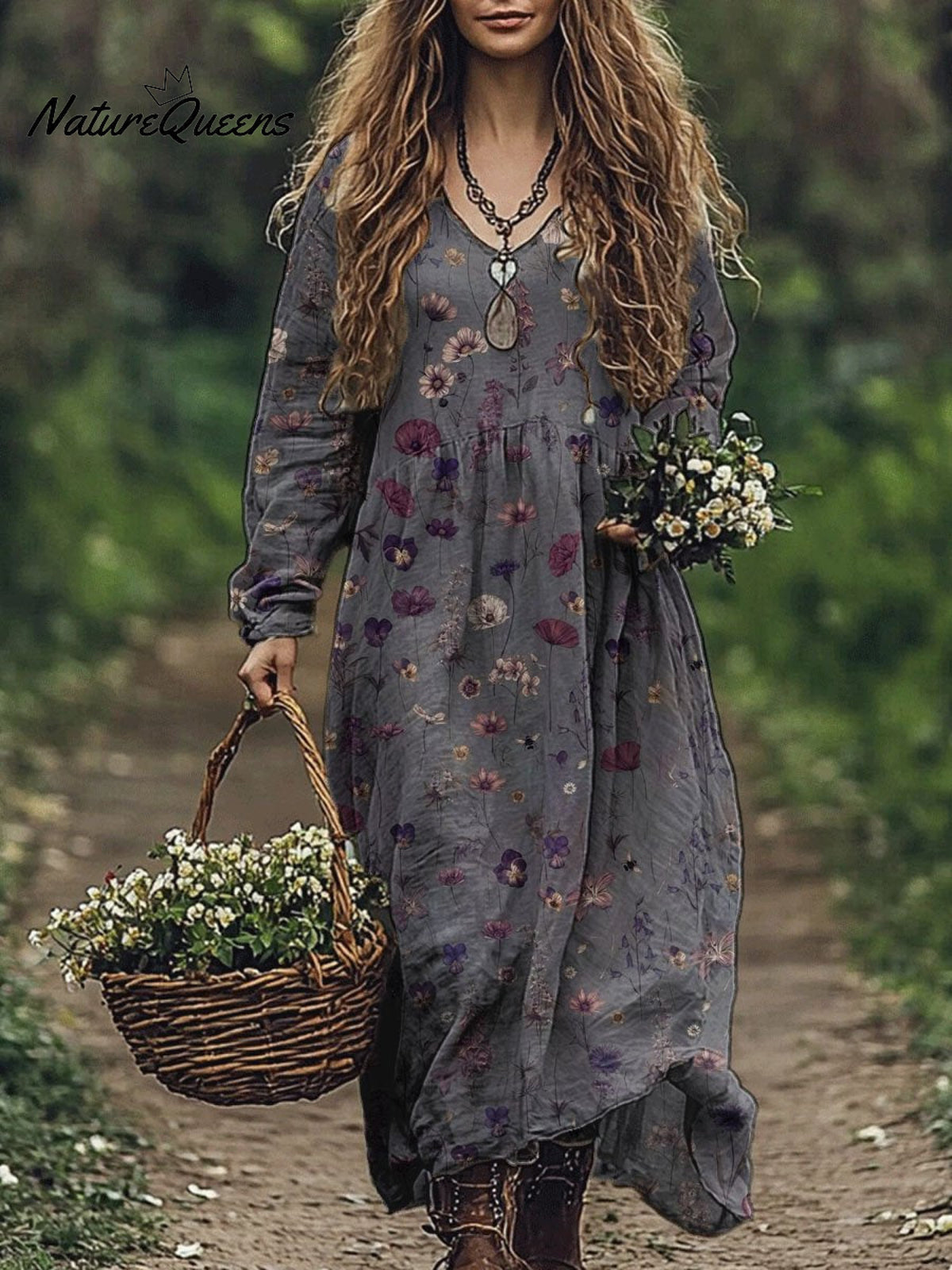 Women's Retro Floral Art Print Pocket Cotton Dress