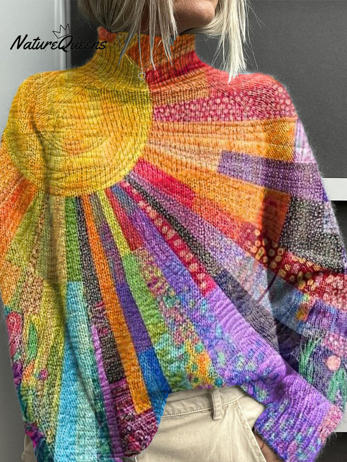 Colorful Sun Collage Print Knit Turtleneck Pullover Sweater
