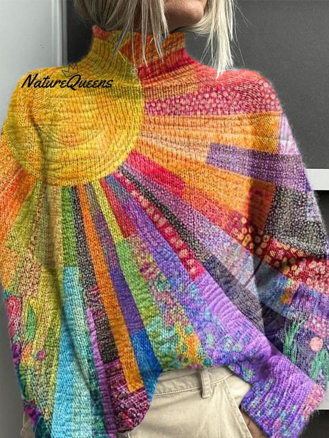 Colorful Sun Collage Print Knit Turtleneck Pullover Sweater