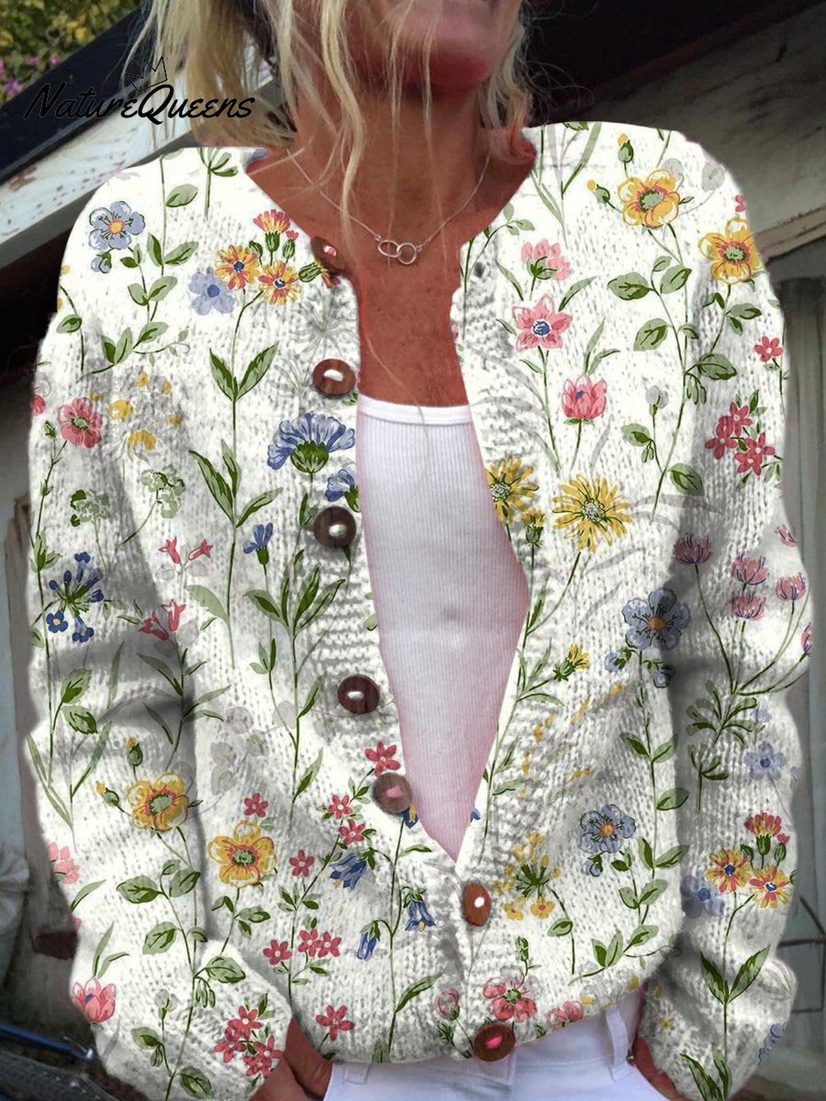 Women's Lovely Floral Art Print Buttoned Cardigan Sweater