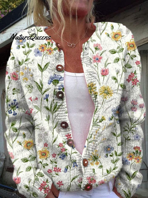 Women's Lovely Floral Art Print Buttoned Cardigan Sweater