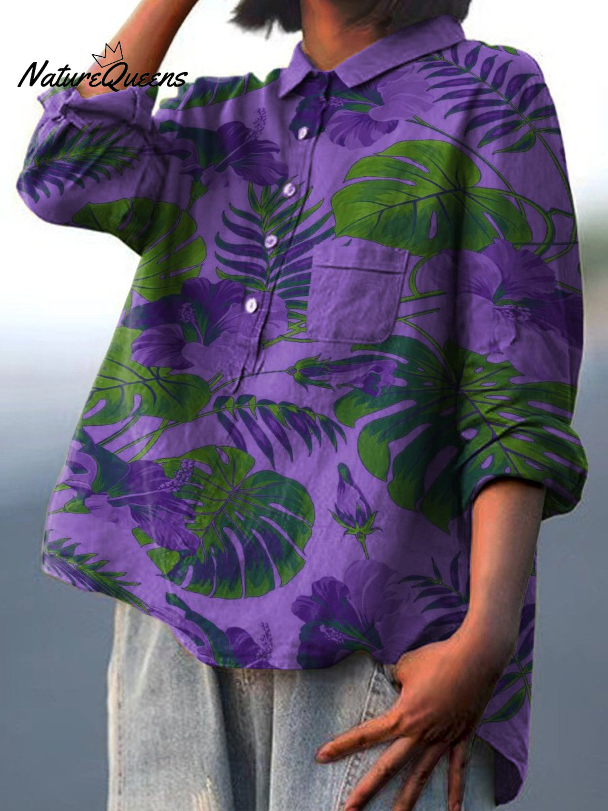 Decorative Pattern of Large Leaves On Purple Background Casual Cotton And Linen Shirt