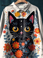 Lovely Cat And Floral Graphic Printed Women's Casual Cotton And Linen Shirt