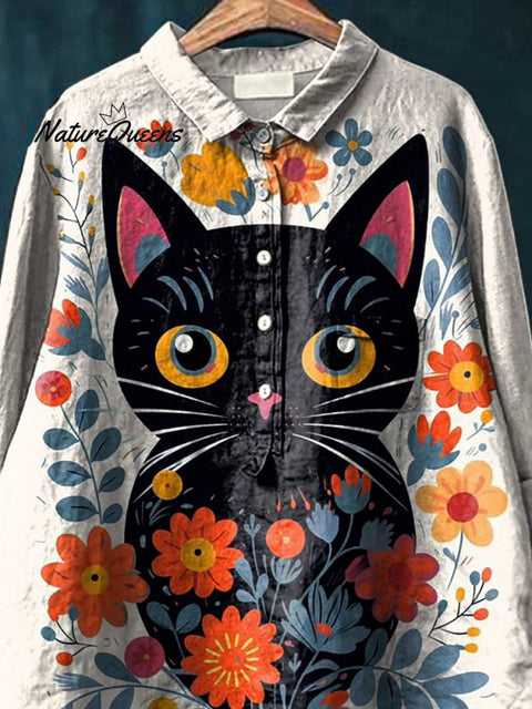 Lovely Cat And Floral Graphic Printed Women's Casual Cotton And Linen Shirt