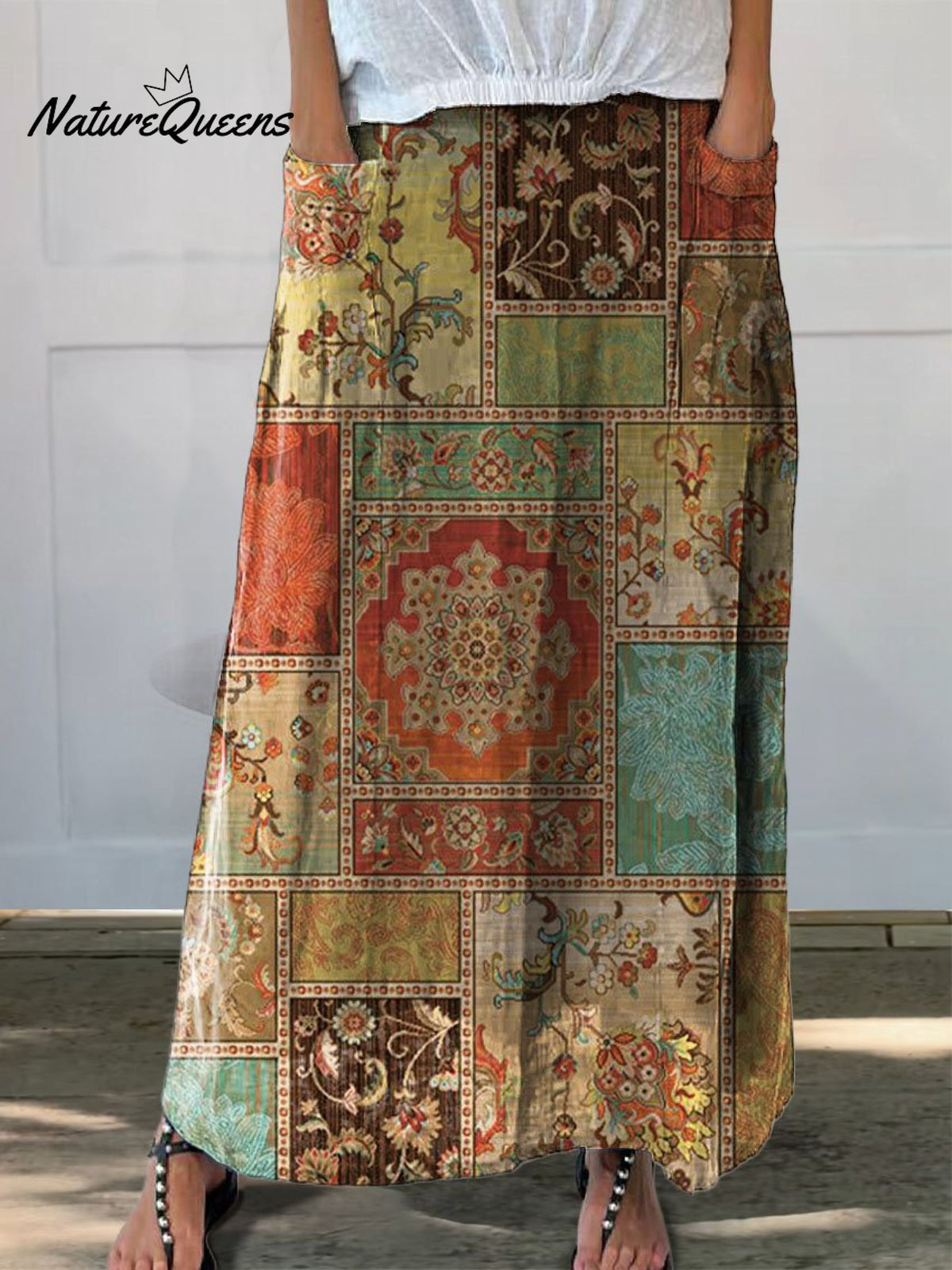 Women’s Retro Floral Ethnic Art Print Casual Linen Pocket Skirt