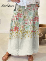Women’s Flowers Gradient Background Casual Print Linen Elastic Waistband Pocket Skirt