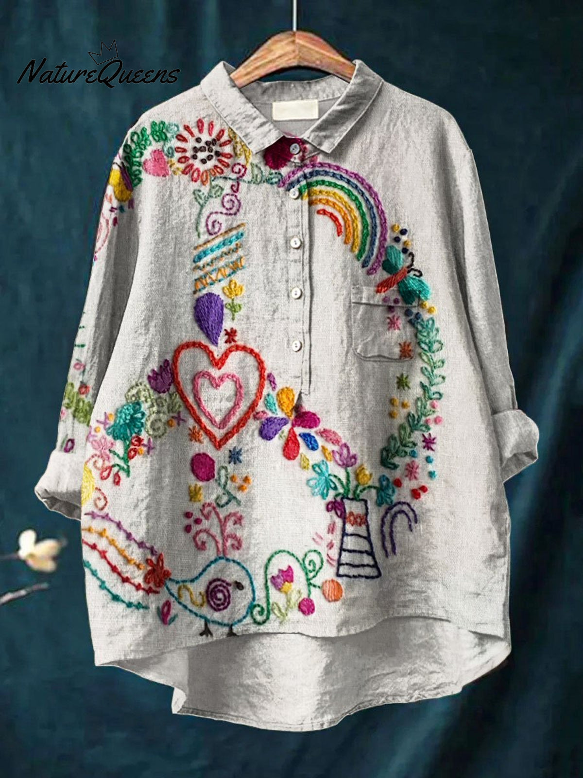 Women's Vintage Peace Art Print Casual Cotton And Linen Shirt