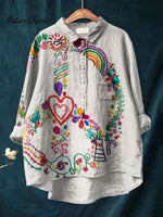 Women's Vintage Peace Art Print Casual Cotton And Linen Shirt