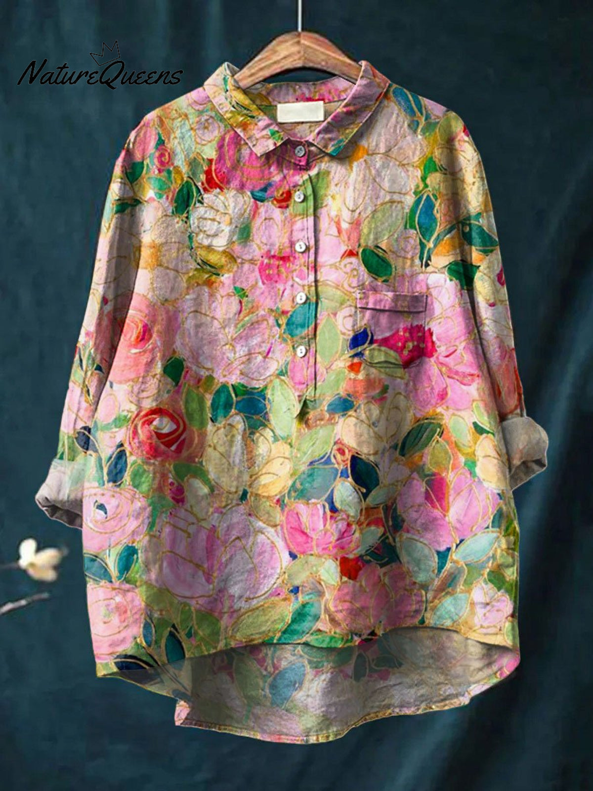 Women's Colorful Flower Print Casual Cotton And Linen Shirt