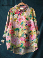 Women's Colorful Flower Print Casual Cotton And Linen Shirt